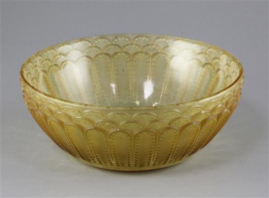 Rene Lalique - a Jaffa amber glass bowl, 19cm diameter